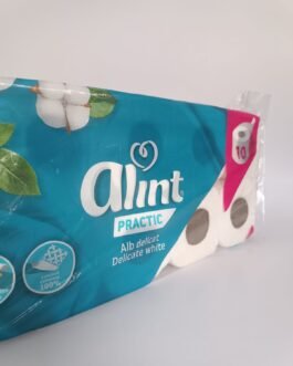 Hârtie igienică Alint Practic 3 straturi – Alb delicat, 10 role turcoaz, produs recomandat în sfaturi pentru igiena casei